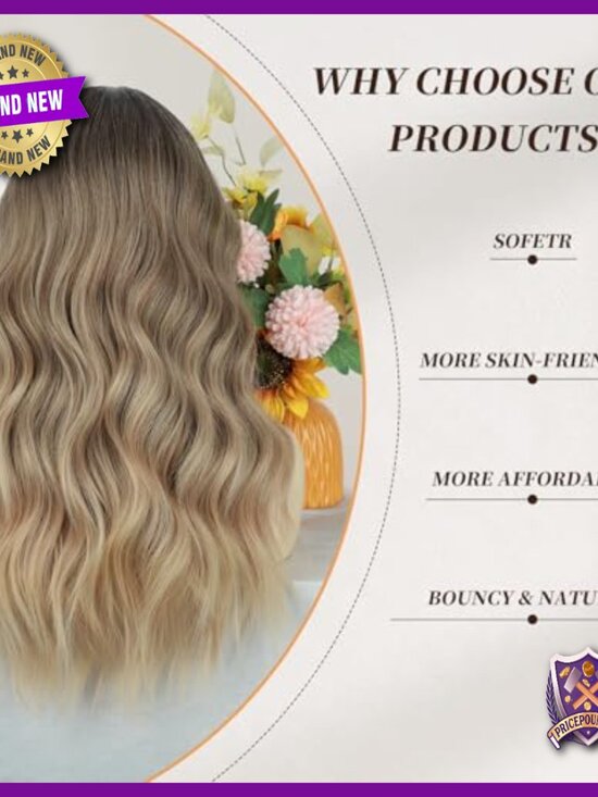Long Wavy Human Hair Blend Wig, Heat Resistant, Dark Roots, Natural Look main image 4